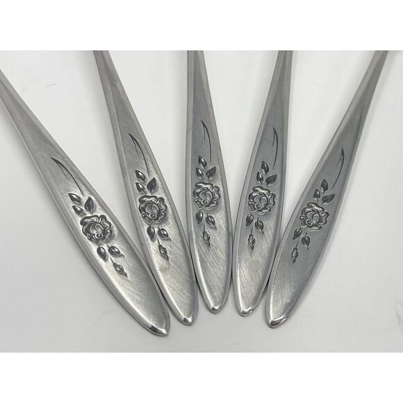Vintage Oneida Community ROSE SHADOW Stainless Dinner Tea Spoons 6.25" Set Of 5 - Picture 3 of 6